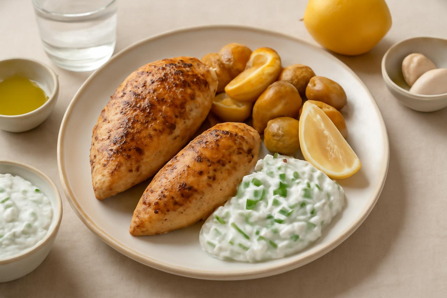 Foto af Græsk kylling med citronkartofler og tzatziki