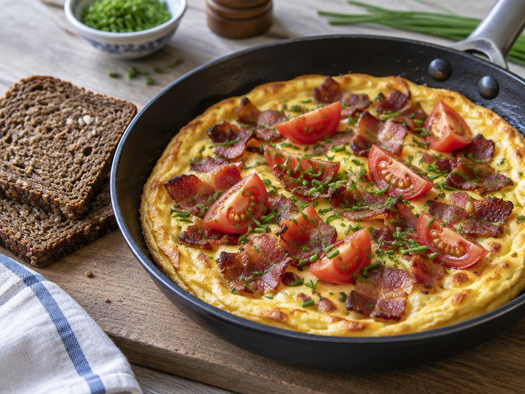 Æggekage med bacon, tomat og purløg på panden