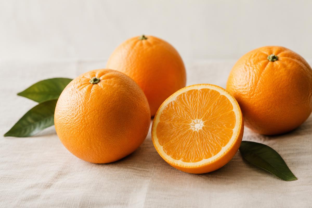 Hele appelsiner og én halveret appelsin