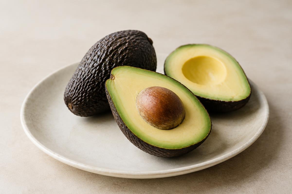 Avocadoer, én halveret med sten, på en lys tallerken