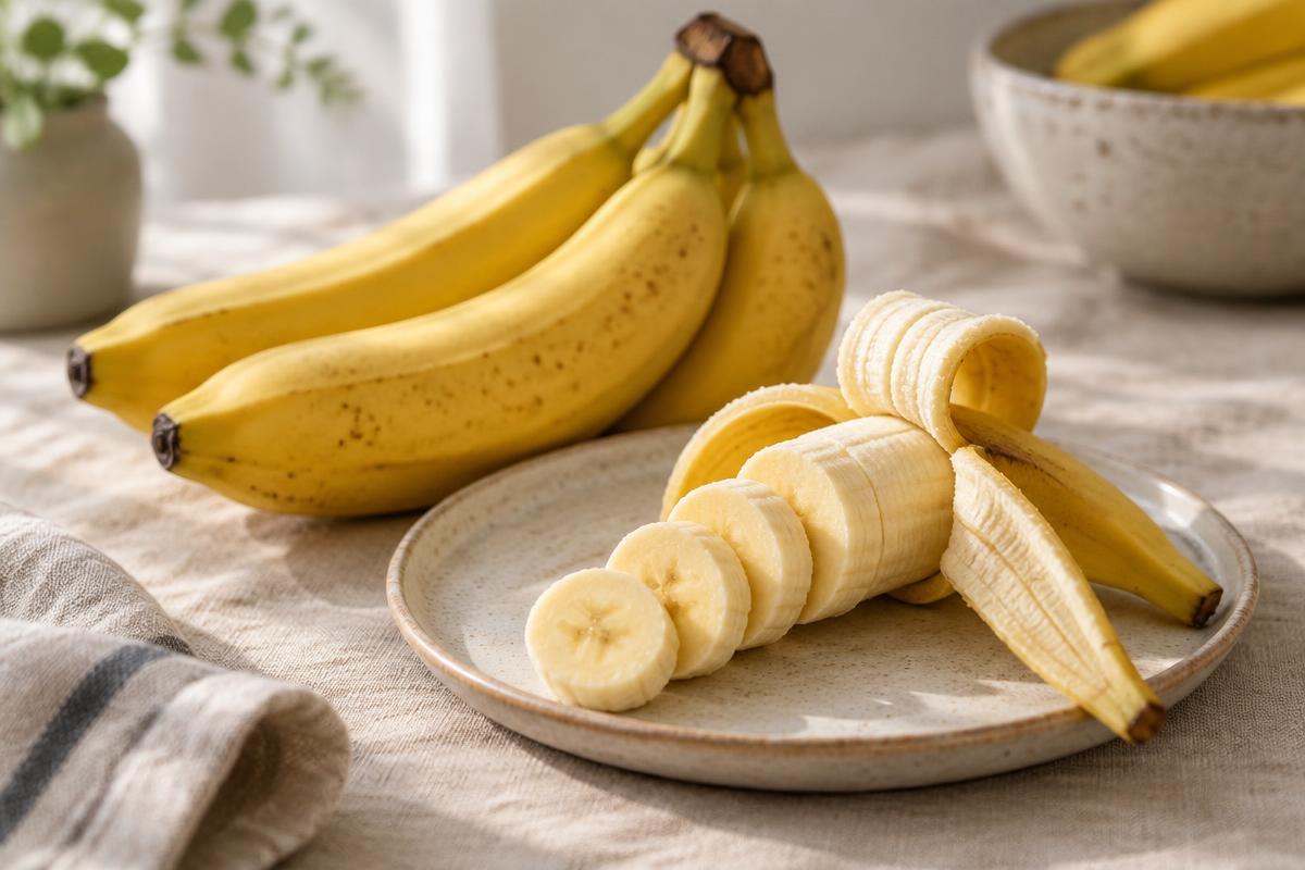 Modne bananer med én pillet og skåret i skiver
