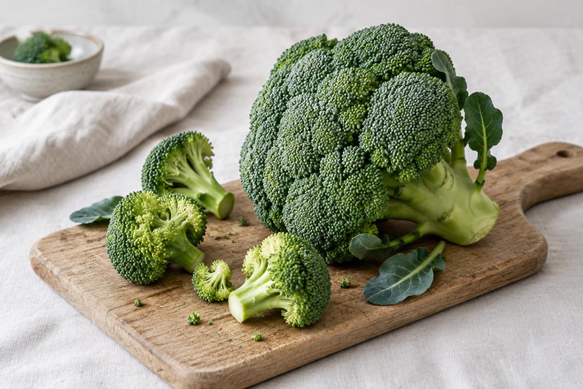 Et rå broccolihoved med et par afskårne buketter på et træbræt