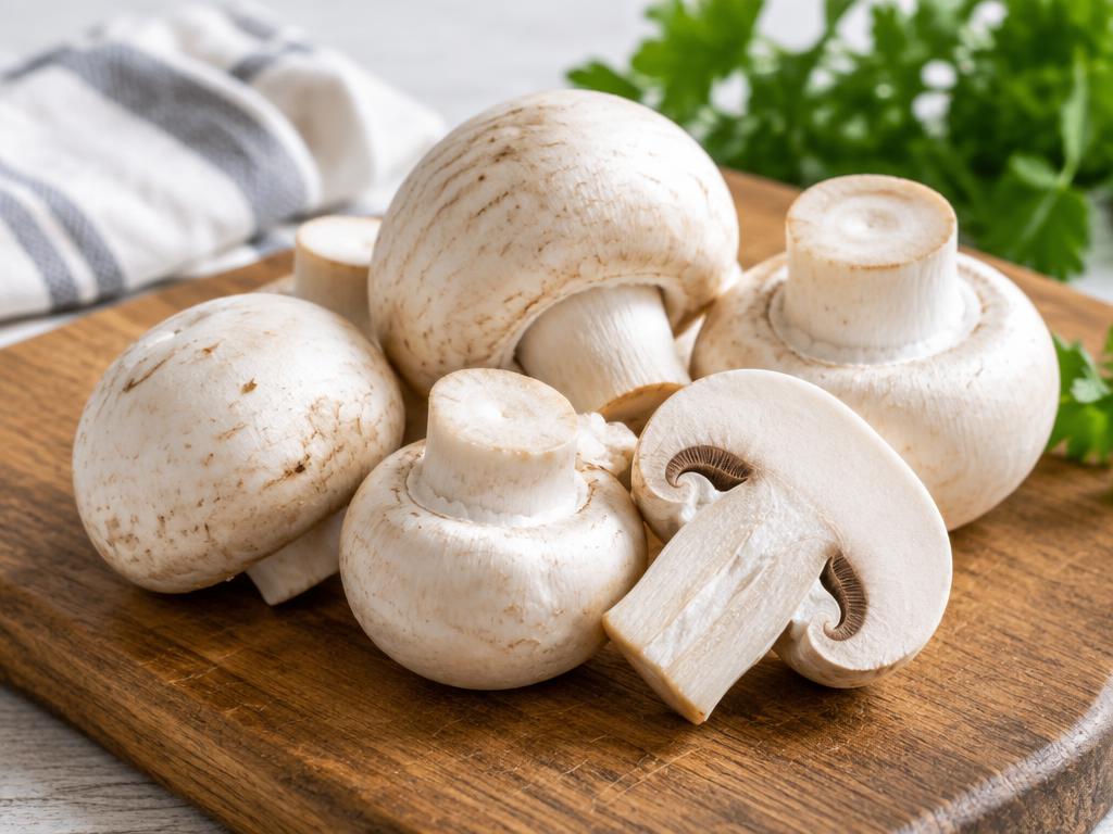 Friske champignoner, én skåret over, på et træbræt