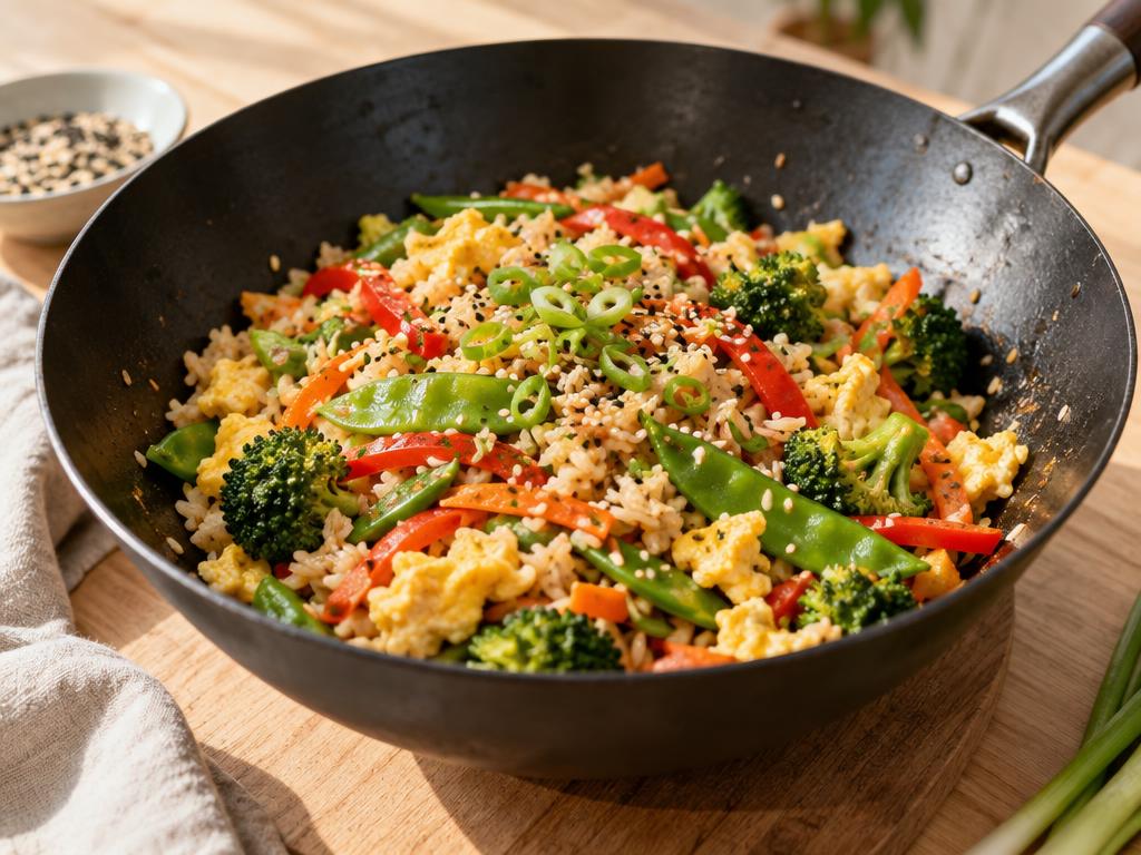 Wok med grøntsager, æg og ris