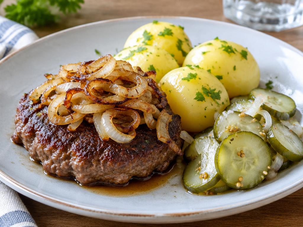 Hakkebøf med bløde løg, kartofler og agurker