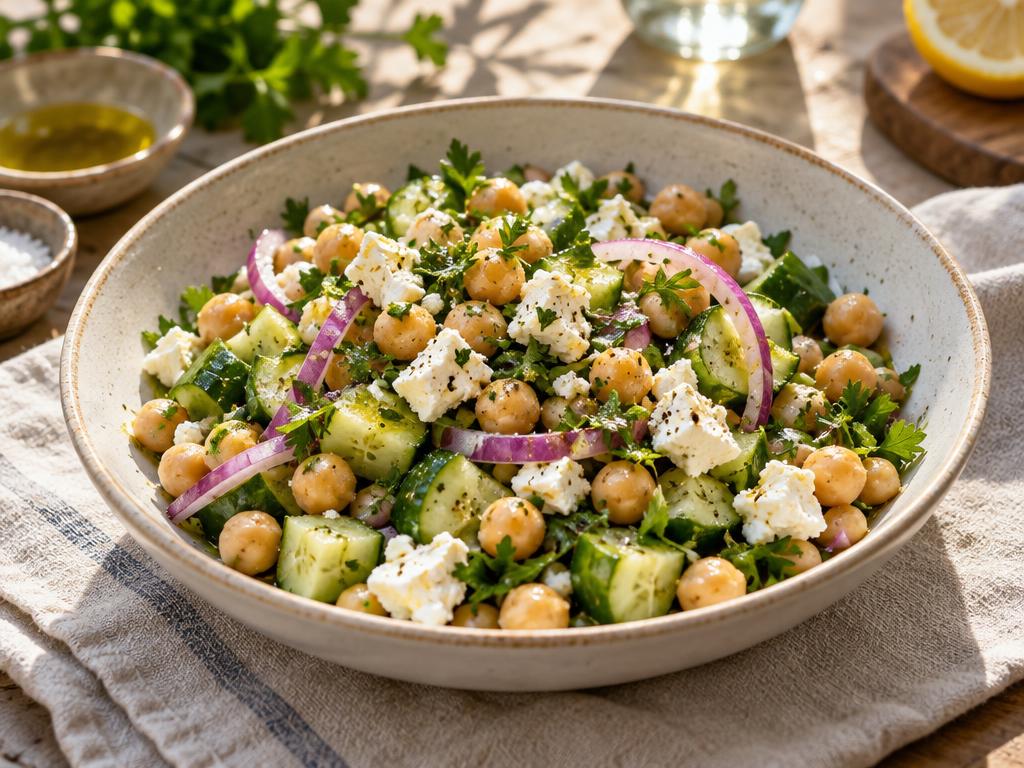 Kikærtesalat med feta, agurk og persille