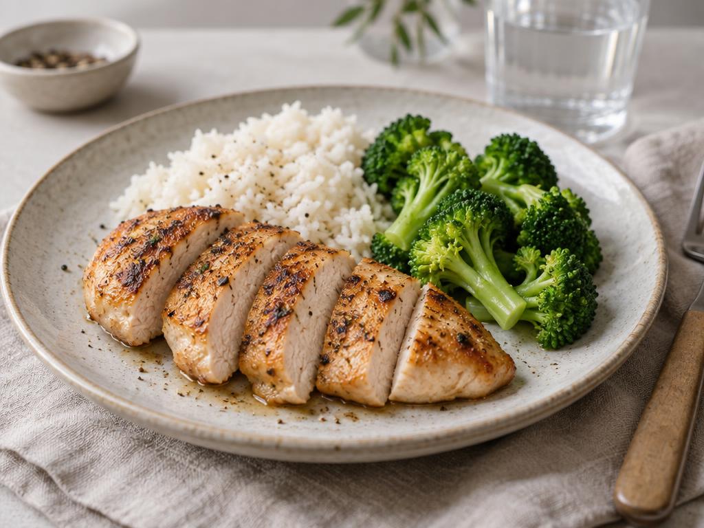 Stegt kyllingebryst i skiver med ris og dampet broccoli