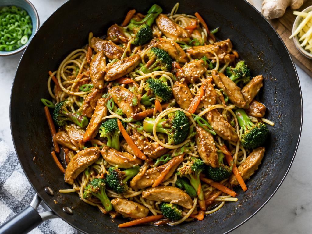 Wok med kylling, broccoli og nudler