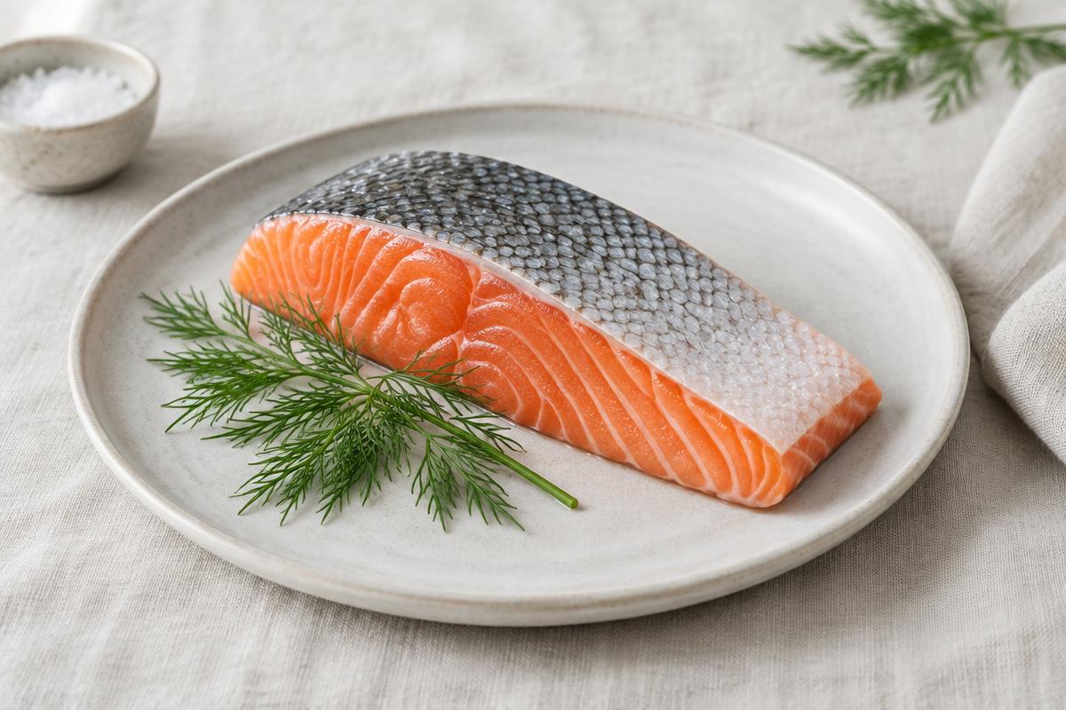 Rå laksefilet med skind på en lys tallerken med dild