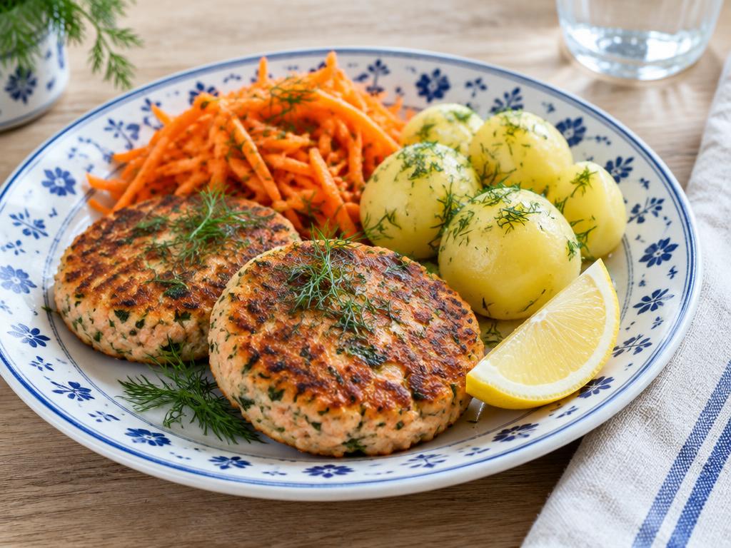 Laksefrikadeller med gulerodsråkost og kartofler