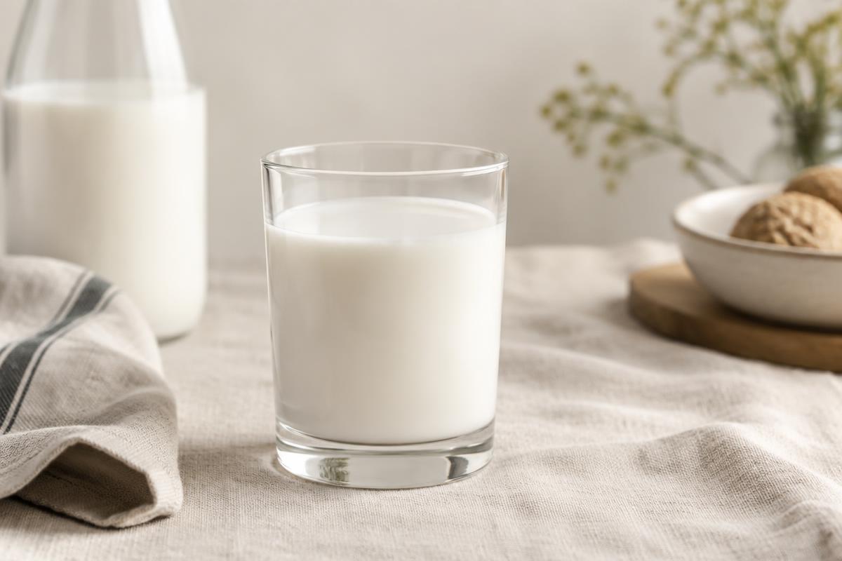 Et glas mælk på et lyst lærredsdug