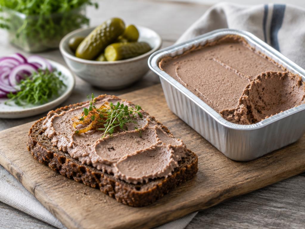 Leverpostej smurt på rugbrød ved siden af en bakke leverpostej