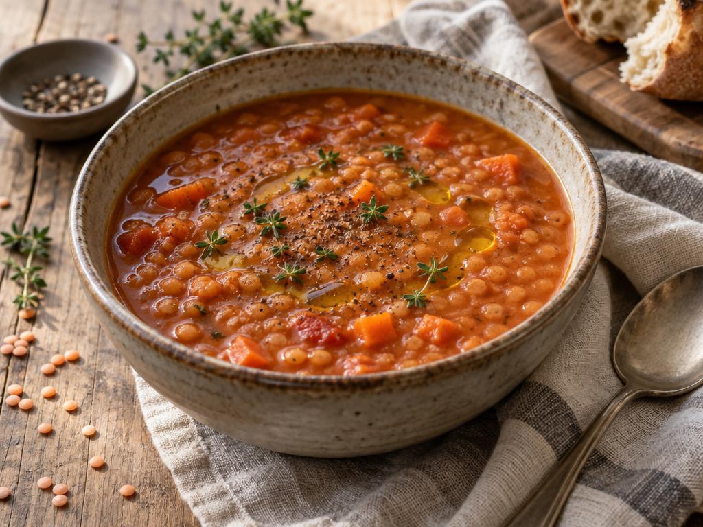 Skål med rød linsesuppe med gulerod og tomat