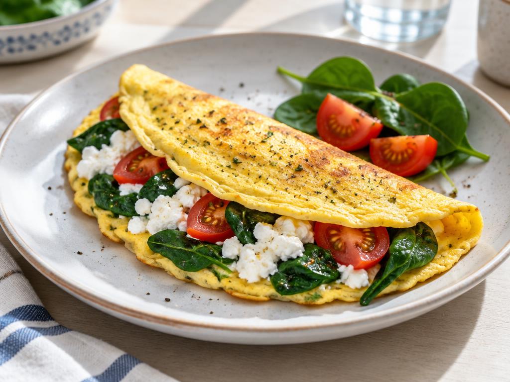 Omelet med spinat, hytteost og tomat