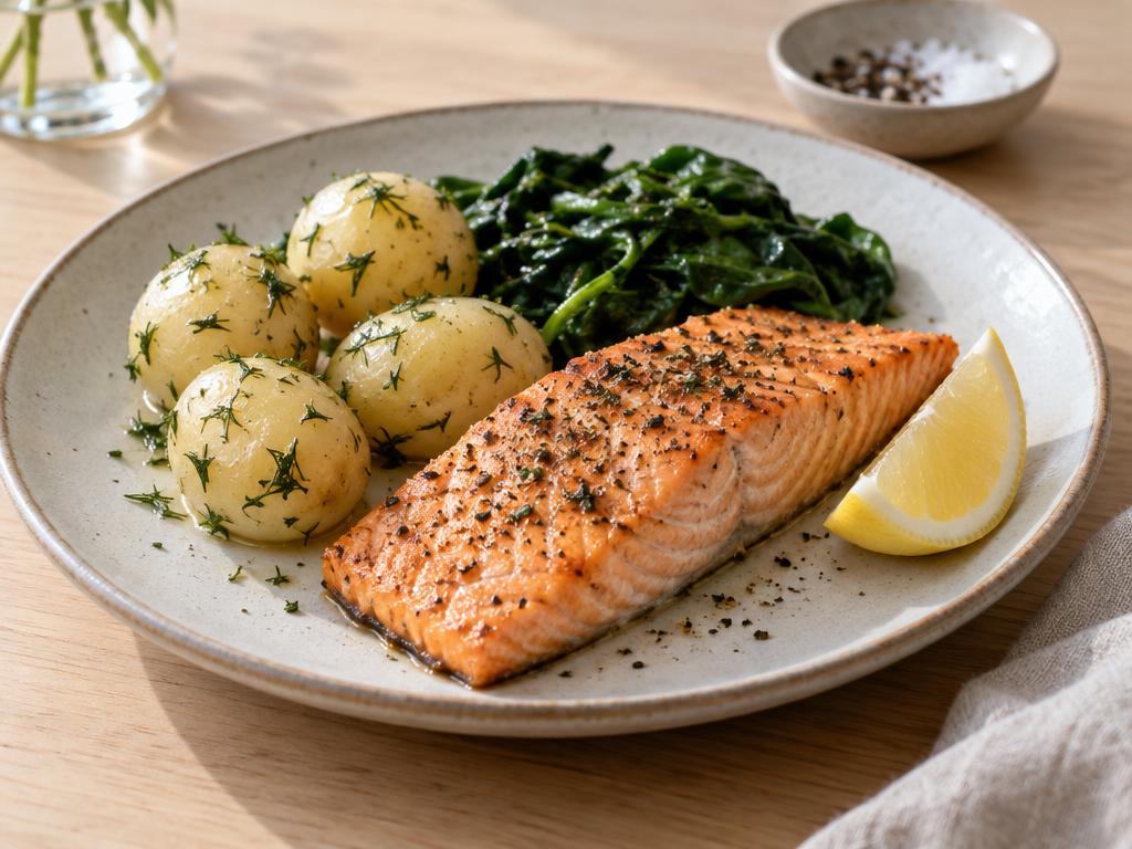 Ovnbagt laks med kogte kartofler og spinat