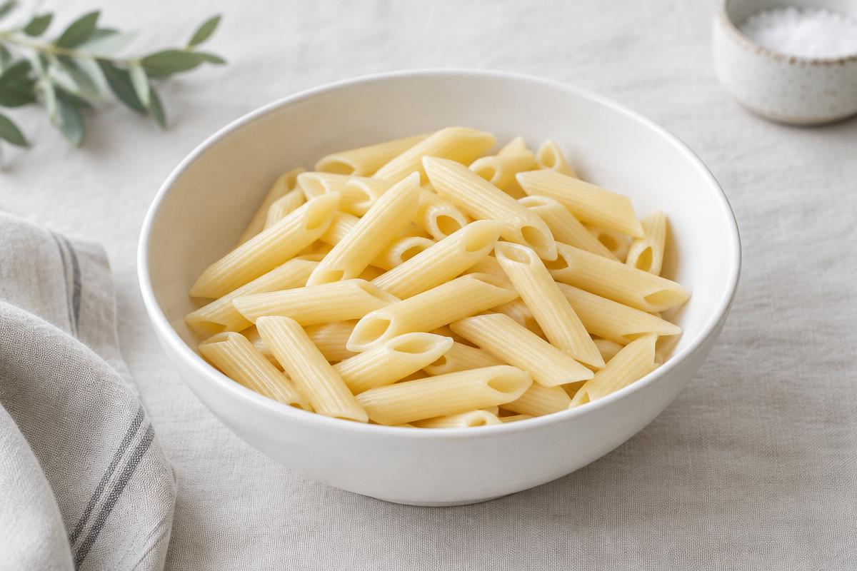 Kogt pasta uden sovs i en hvid skål