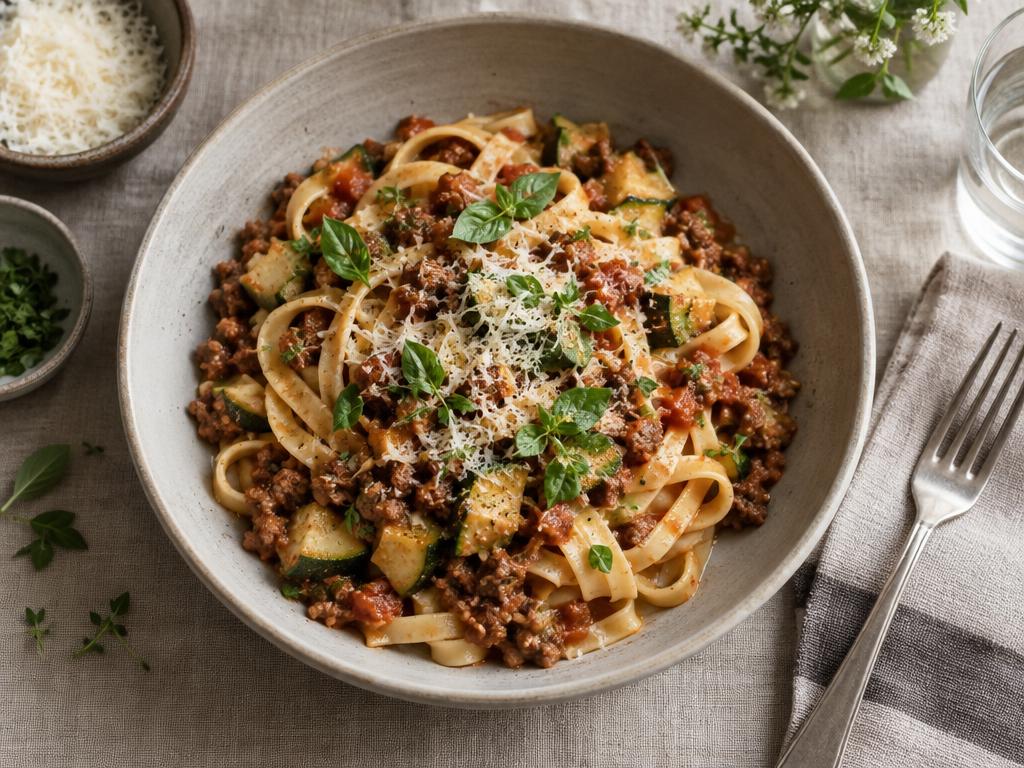 Tallerken med pasta i kødsovs med squash og friske krydderurter
