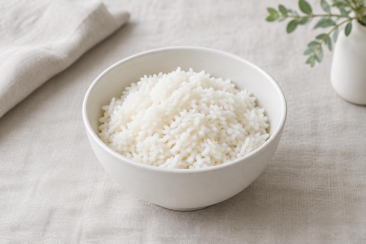 Kogte hvide ris i en hvid keramikskål