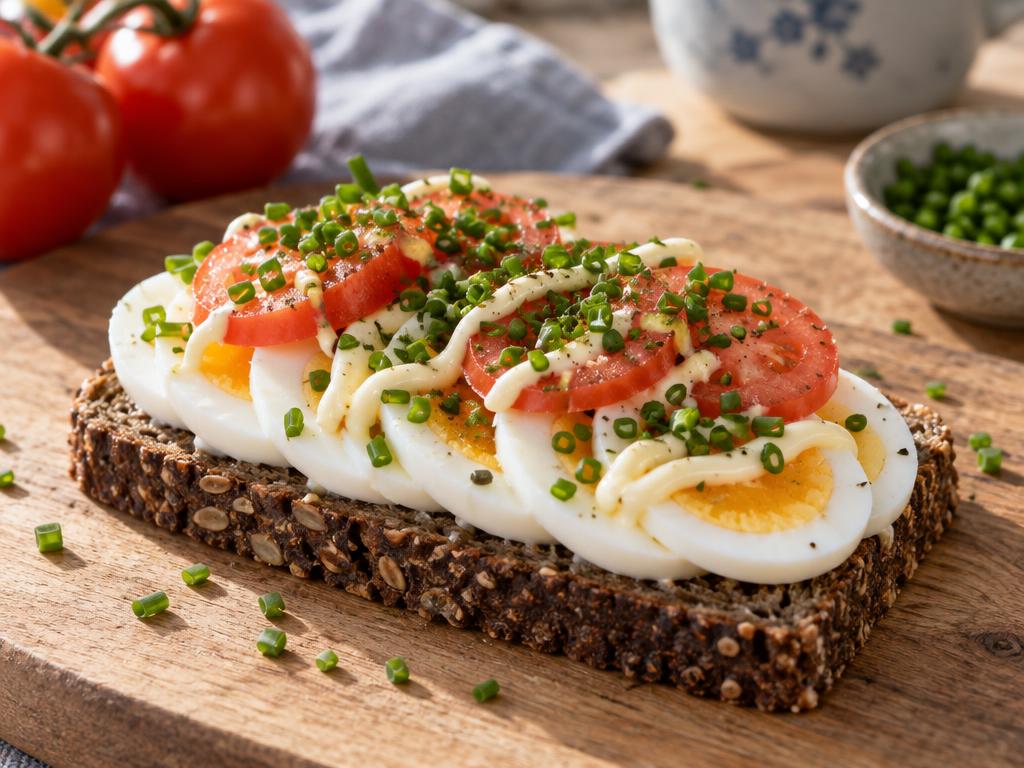 Rugbrød med æg, tomat og purløg