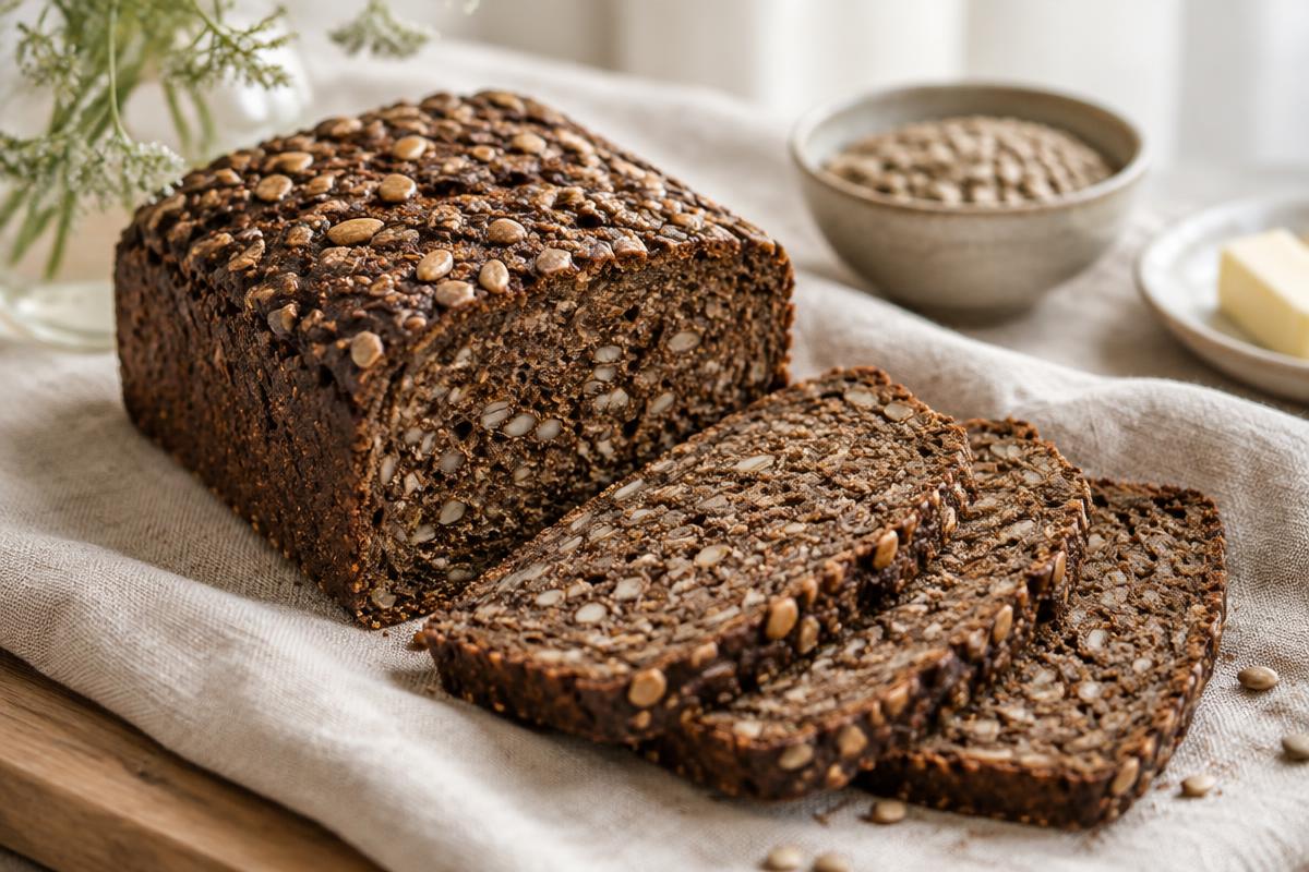 Mørkt dansk fuldkornsrugbrød med hele kerner, skåret i skiver