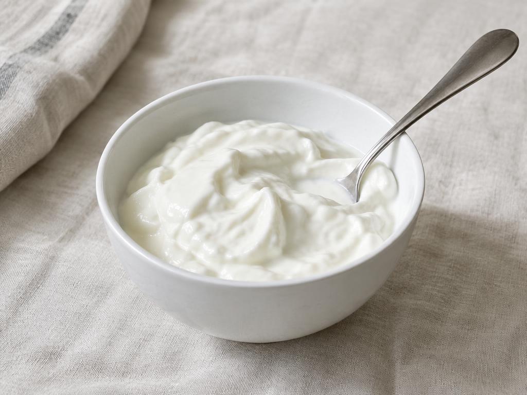 Naturel skyr i en hvid skål med en ske