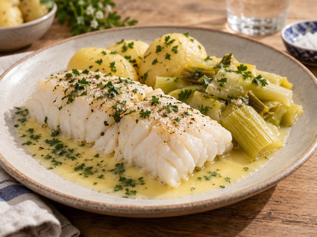 Torsk med smørstuvede porrer og kogte kartofler