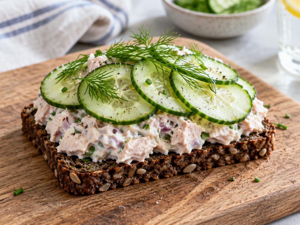 Rugbrød med tunsalat og agurk